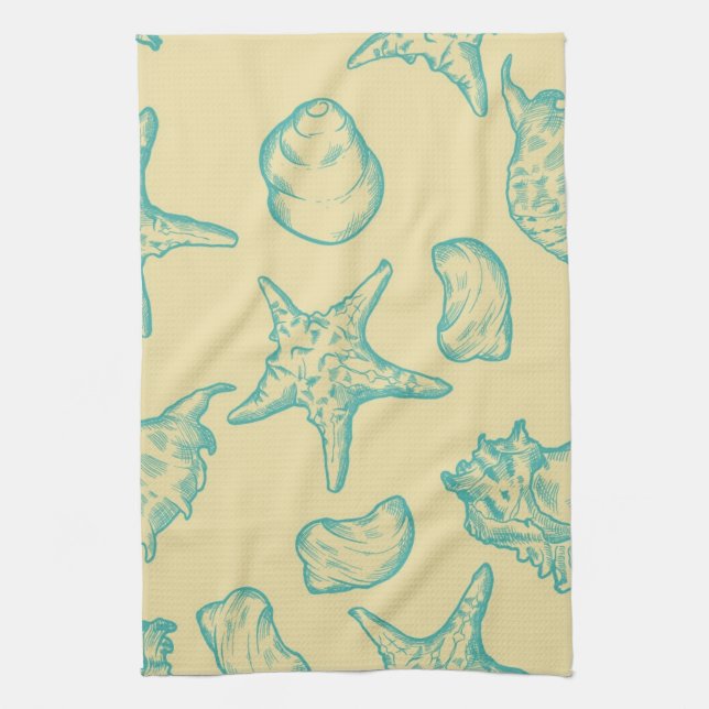 Background with shells. Hand drawn Kitchen Towel (Vertical)