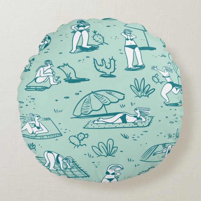 Background with summer beach girls. Seamless patte Round Pillow (Front)