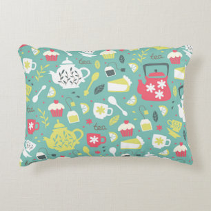 Background with Teapots, Cups, Lemon, Flowers a Accent Pillow
