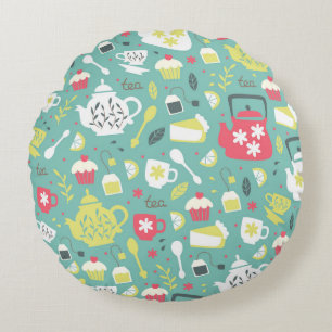 Background with Teapots,  Cups,  Lemon,  Flowers a Round Pillow