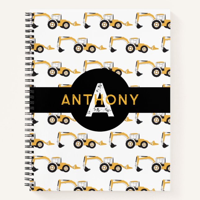 Backhoe Construction Truck Kids Monogram Notebook (Front)