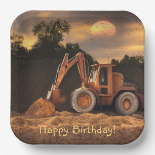 Backhoe Happy Birthday Paper Plate