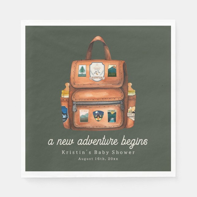 Backpack + Bottles Green Woodland Baby Shower Napkin (Front)
