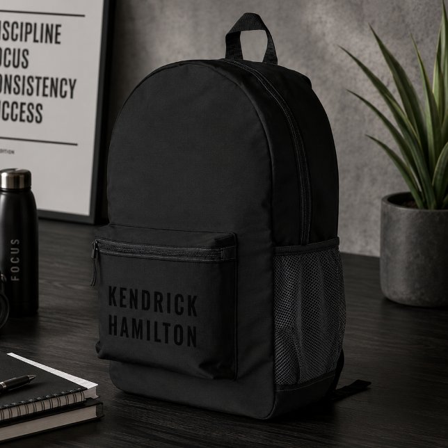 Backpack | Custom Name Mens Black Work School Bag (Personalized mens monogram backpack with bold black on black style for school or gym.)