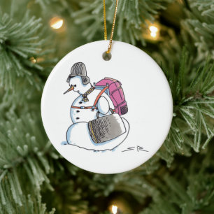 Backpack Snowman round ceramic ornament