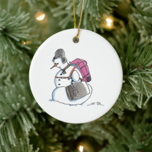 Backpack Snowman white ceramic Christmas ornament