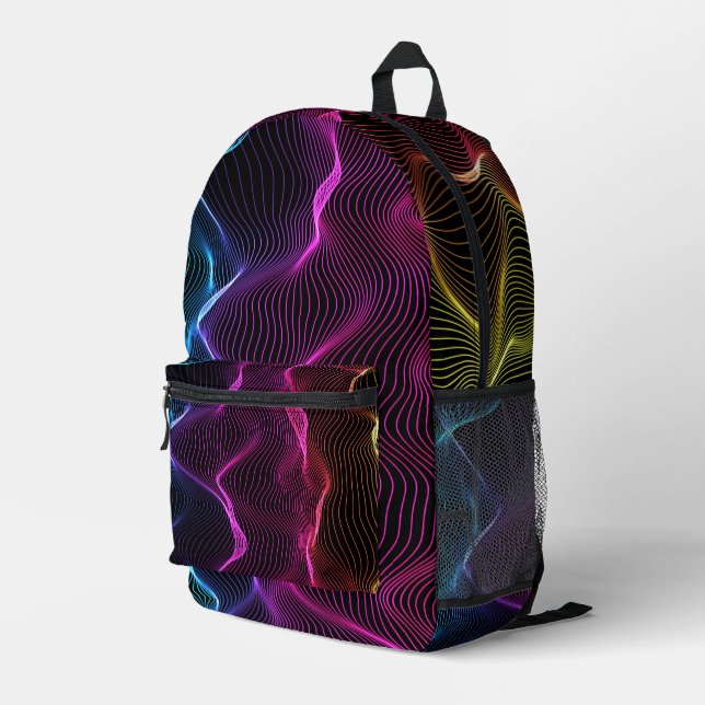 Backpack with a vibrant, abstract wavy line design (Back Corner Right)