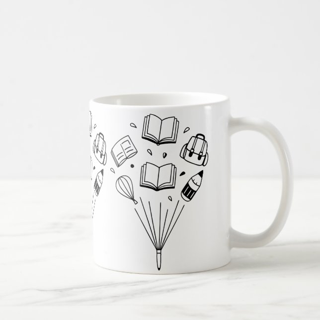 backpacks and erasers, all floating  coffee mug (Right)