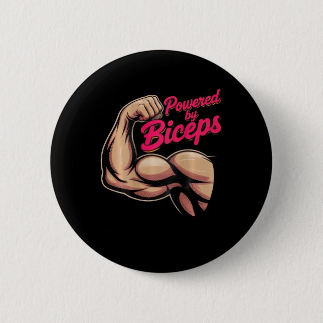 Backprint Funny Gym Humour Biceps Gains Powered By 2 Inch Round Button (Front)