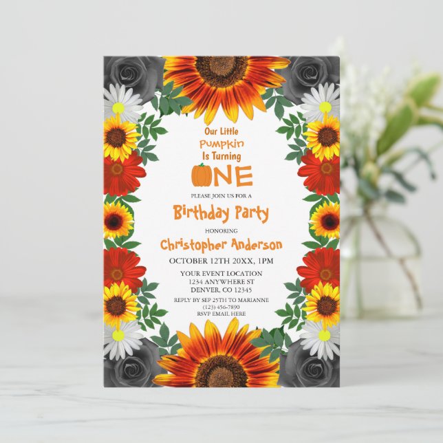 Backyard Autumn Floral Little Pumpkin Birthday Invitation (Standing Front)