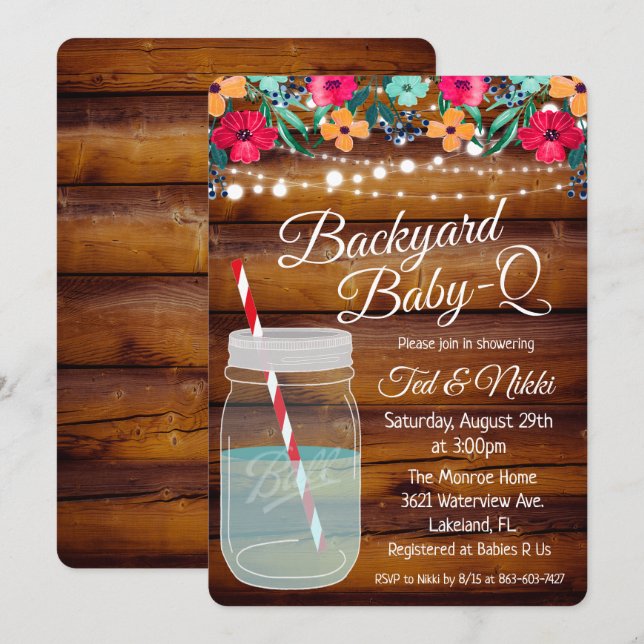 Backyard Baby Q Mason Jar Invitation (Front/Back)