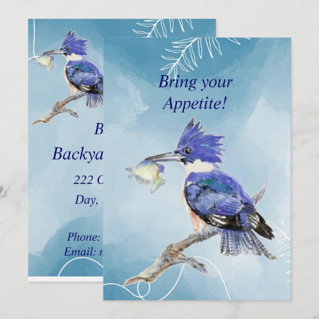 Backyard Barbeque Kingfisher Bird Party Invite (Front/Back)