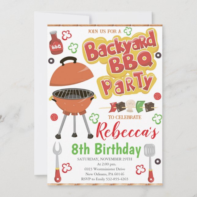 Backyard BBQ Birthday Invitation, BBQ Party Invitation (Front)
