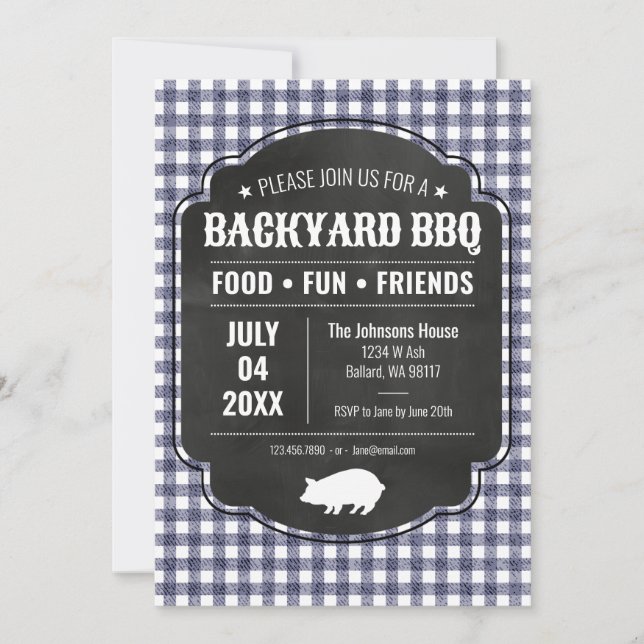 Backyard BBQ in Navy Invitation (Front)