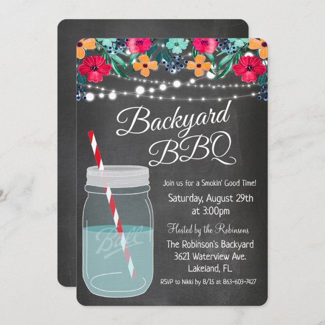 Backyard BBQ Mason Jar Invitation (Front/Back)
