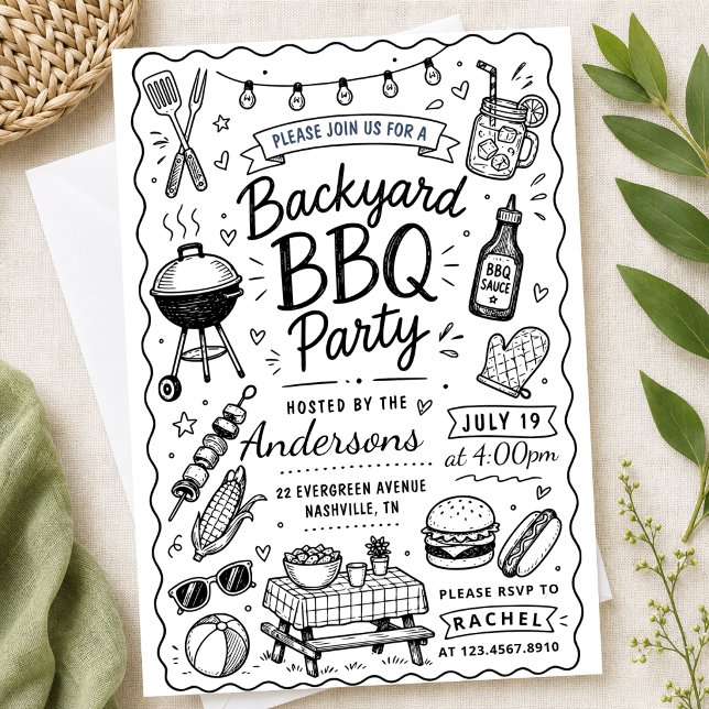 Backyard BBQ Party Summer Hand Drawn doodle Rustic Invitation (Creator Uploaded)