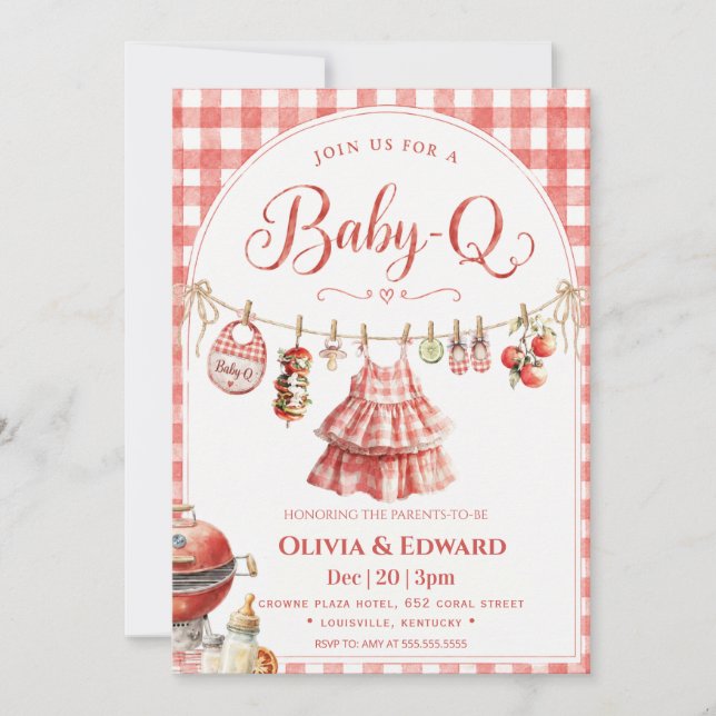 Backyard BBQ Red gingham clothesline Baby Shower   Invitation (Front)
