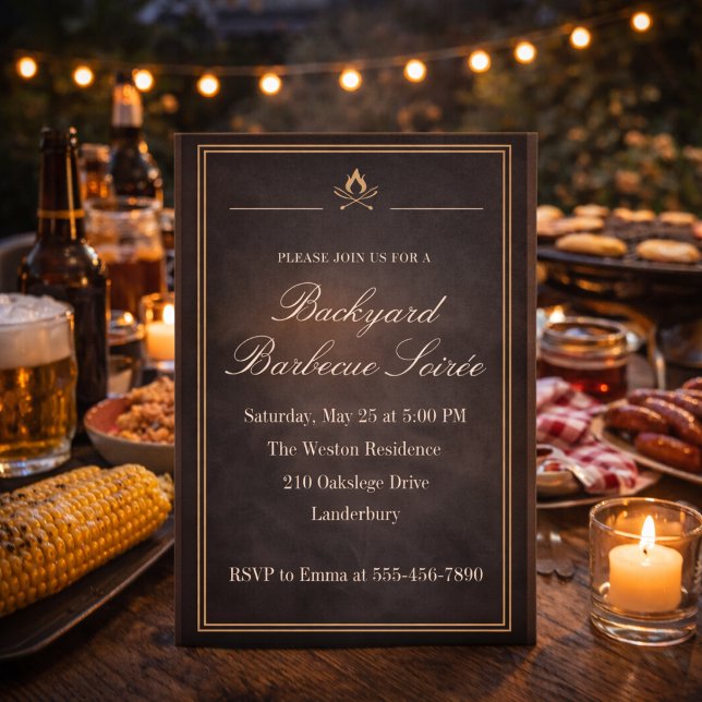 Backyard BBQ Soirée Invitation (Charcoal backyard BBQ soirée with firelight detail for a refined evening cookout)