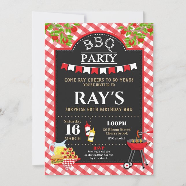 Backyard BBQ Surprise Birthday Party Red Gingham Invitation (Front)