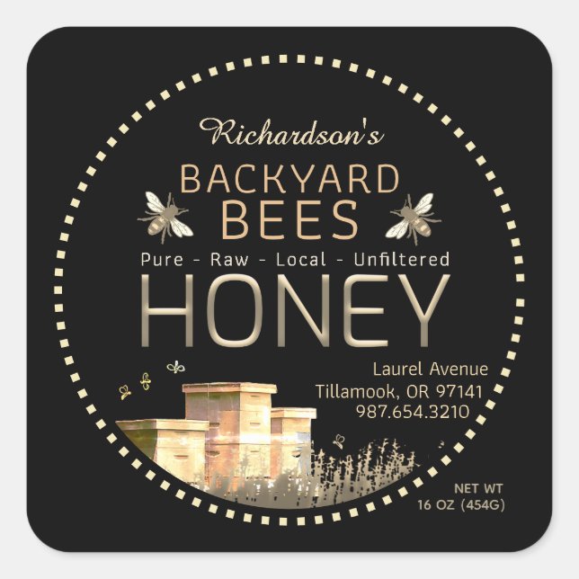 Backyard Bees Hives and Little Bees on Black Squar Square Sticker (Front)