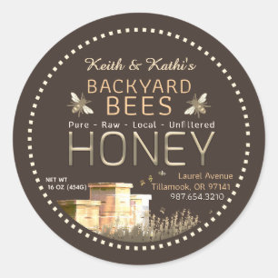 Backyard Bees Hives and Little Bees on Dark Brown Classic Round Sticker