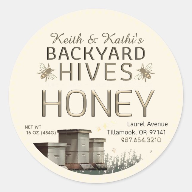 Backyard Bees Hives and Little Bees on Ivory Classic Round Sticker (Front)