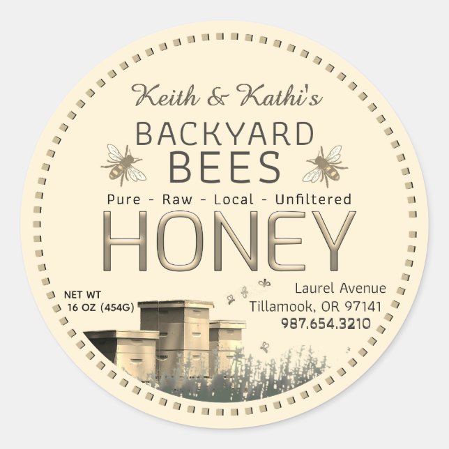 Backyard Bees Hives and Little Bees on Ivory Classic Round Sticker (Front)