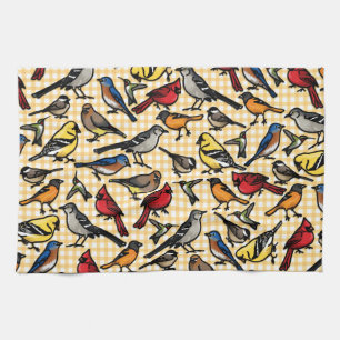 Backyard Birds on Yellow Gingham Kitchen Towel