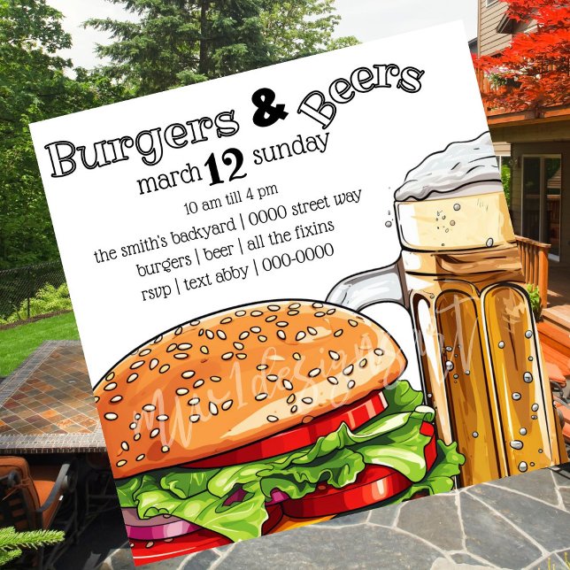 Backyard Burgers & Beer Summer | Spring Invitation (Big burger | big beer spring and summer celebrations and party invitations to customize.  )
