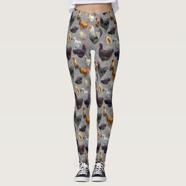 Backyard Chickens on Gray Burlap Leggings (Front)