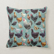 Backyard Chickens on Mid Green Burlap Cushion