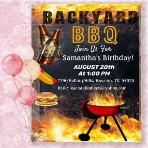 Backyard Flaming BBQ Grill Birthday Invitation