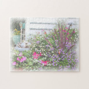 Backyard Flower Garden Watercolor Painting Jigsaw Puzzle
