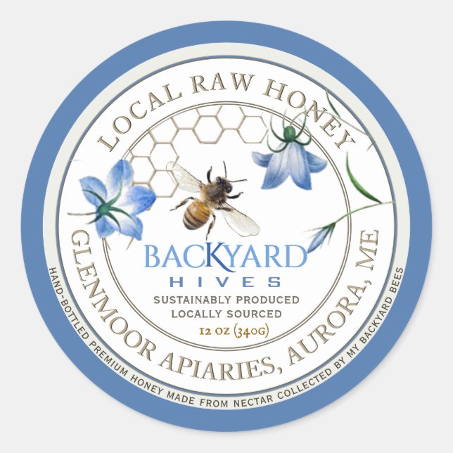 Backyard Hive Apiary Blue Flower Raw Honey Label (Front)