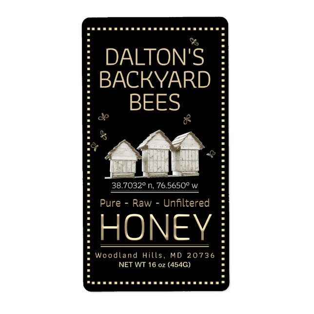 Backyard Hive Honey Jar Label Little Bees on Black (Front)