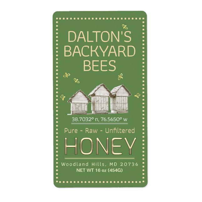 Backyard Hive Honey Jar Label Little Bees on Green (Front)