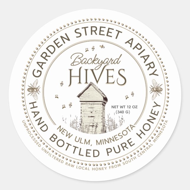 Backyard Hives Hand Bottled Pure Honey Classic Round Sticker (Front)