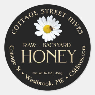 Backyard Hives Honey Daisy and Bee on Black Classic Round Sticker