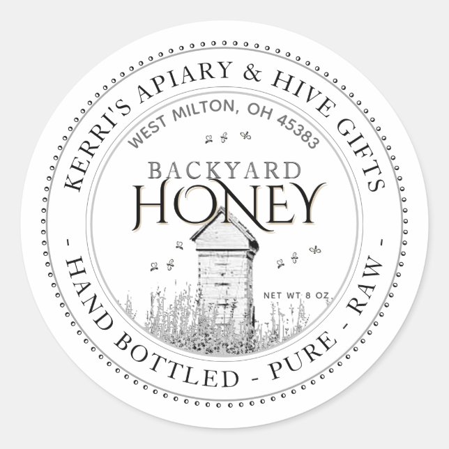 Backyard Hives Honey Label Hand Bottled Raw White (Front)