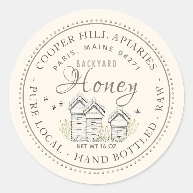 Backyard Hives Pure Local Hand Bottled Raw Honey Classic Round Sticker (Front)