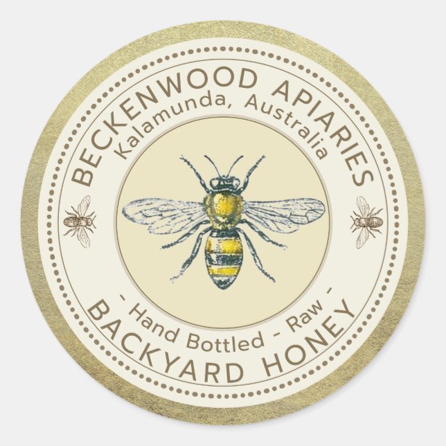 Backyard Honey Hand Bottled Honeybees Gold Rim  Cl Classic Round Sticker (Front)