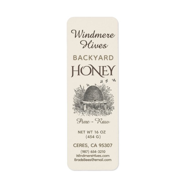 Backyard Honey Vintage Skep with bees mini label (Front)