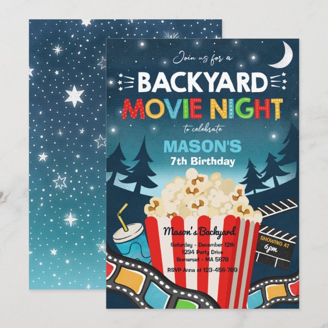 Backyard Movie Night Birthday Movie Under The Star Invitation (Front/Back)