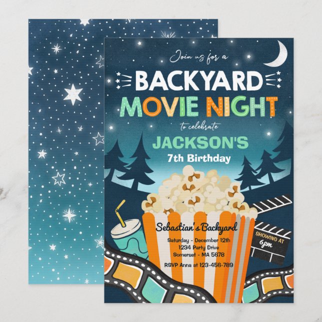 Backyard Movie Night Birthday Movie Under The Star Invitation (Front/Back)