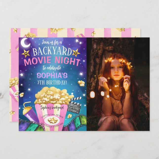 Backyard Movie Night Birthday Photo Invitation (Front/Back)