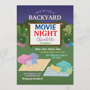 Backyard Movie Night Party Birthday Popcorn Film Invitation