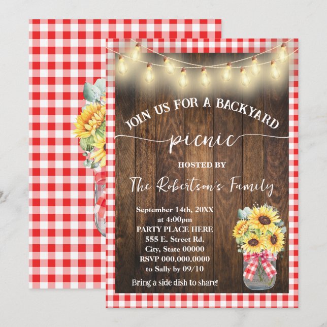 Backyard Picnic Party Red Plaid Sunflowers Invitation (Front/Back)