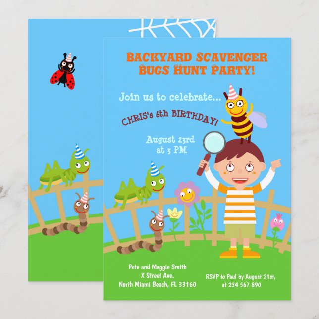 Backyard scavenger bugs hunt birhtday party  invitation (Front/Back)