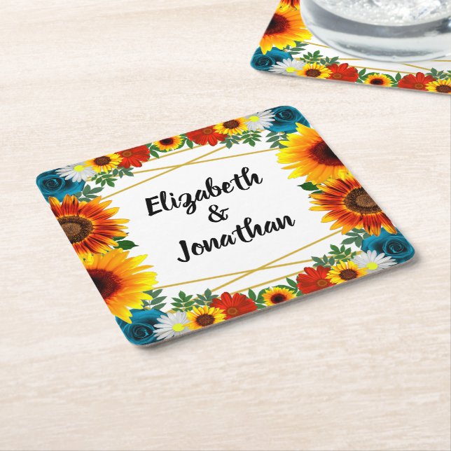 Backyard Summer Floral Geometric Wedding Square Paper Coaster (Angled)