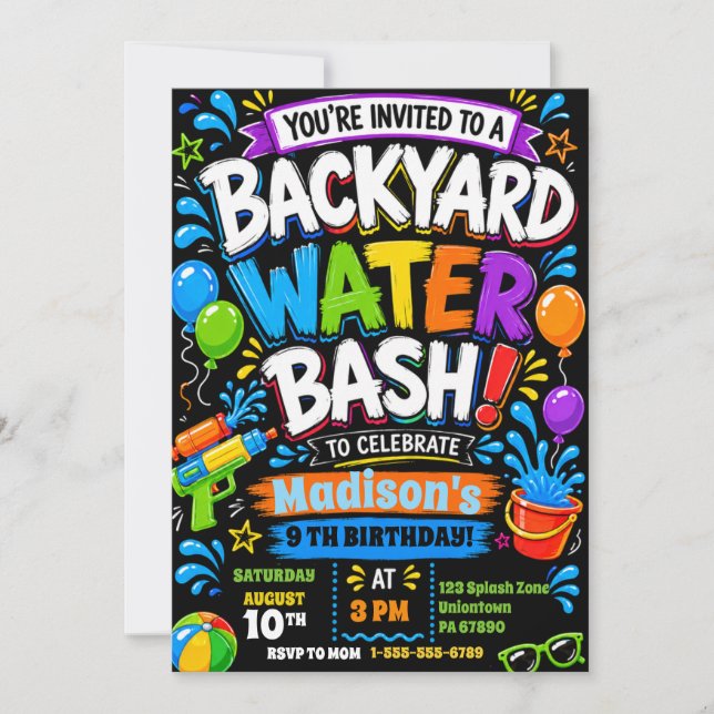 Backyard Water Bash Colourful Kids Splash Birthday Invitation (Front)